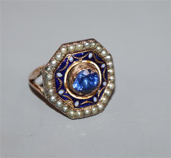 A 19th century yellow metal, sapphire, seed pear and three colour enamel set octagonal dress ring, size K.